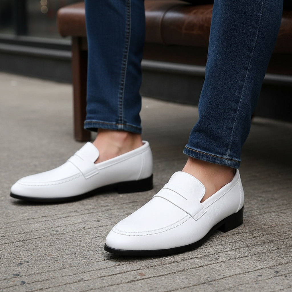 Men's White Leather Moccasins for Parties - model-siting