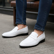 Men's White Leather Moccasins for Parties - model-siting