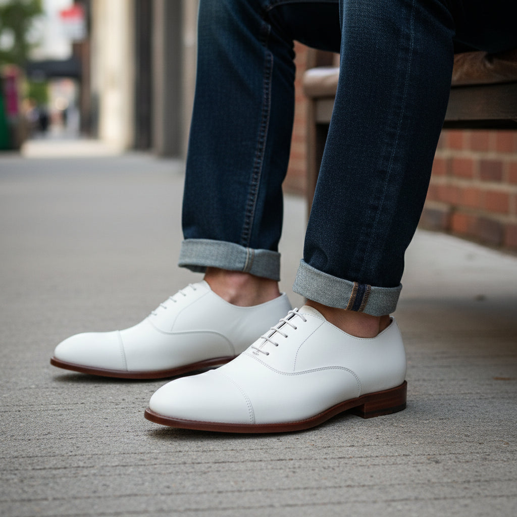 model-siting - Men's White Leather Oxford Dress Shoes