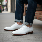 model-siting - Men's White Leather Oxford Dress Shoes