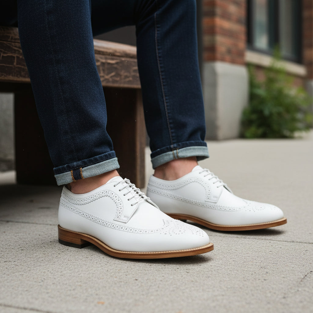 Men's White Leather Wingtip Brogue Dress Shoes - model-siting