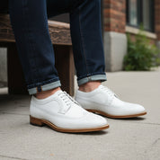 Men's White Leather Wingtip Brogue Dress Shoes - model-siting