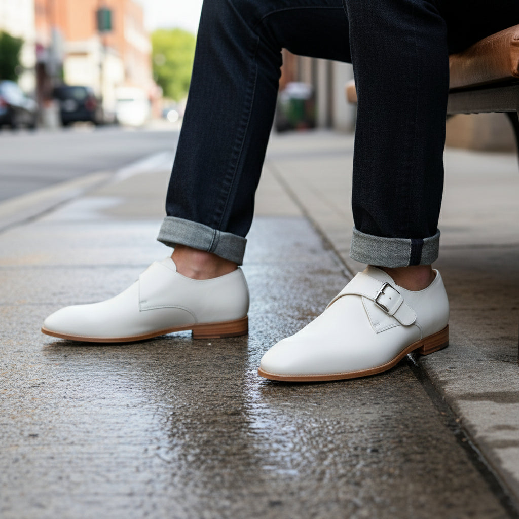 model-siting - Men's White Monk Strap Leather Dress Shoes