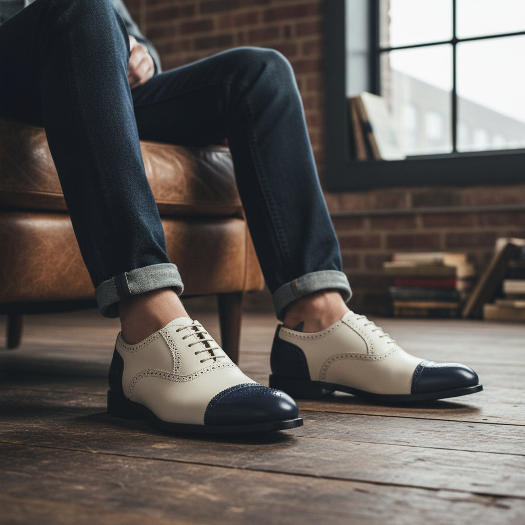 model-siting - Men's White & Navy Blue Leather Oxford Brogue Shoes
