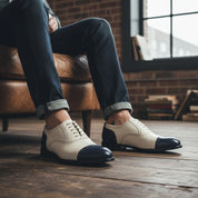 model-siting - Men's White & Navy Blue Leather Oxford Brogue Shoes