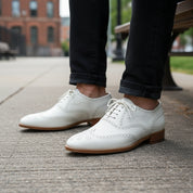 Men's White Wingtip Brogue Leather Dress Shoes - model-siting