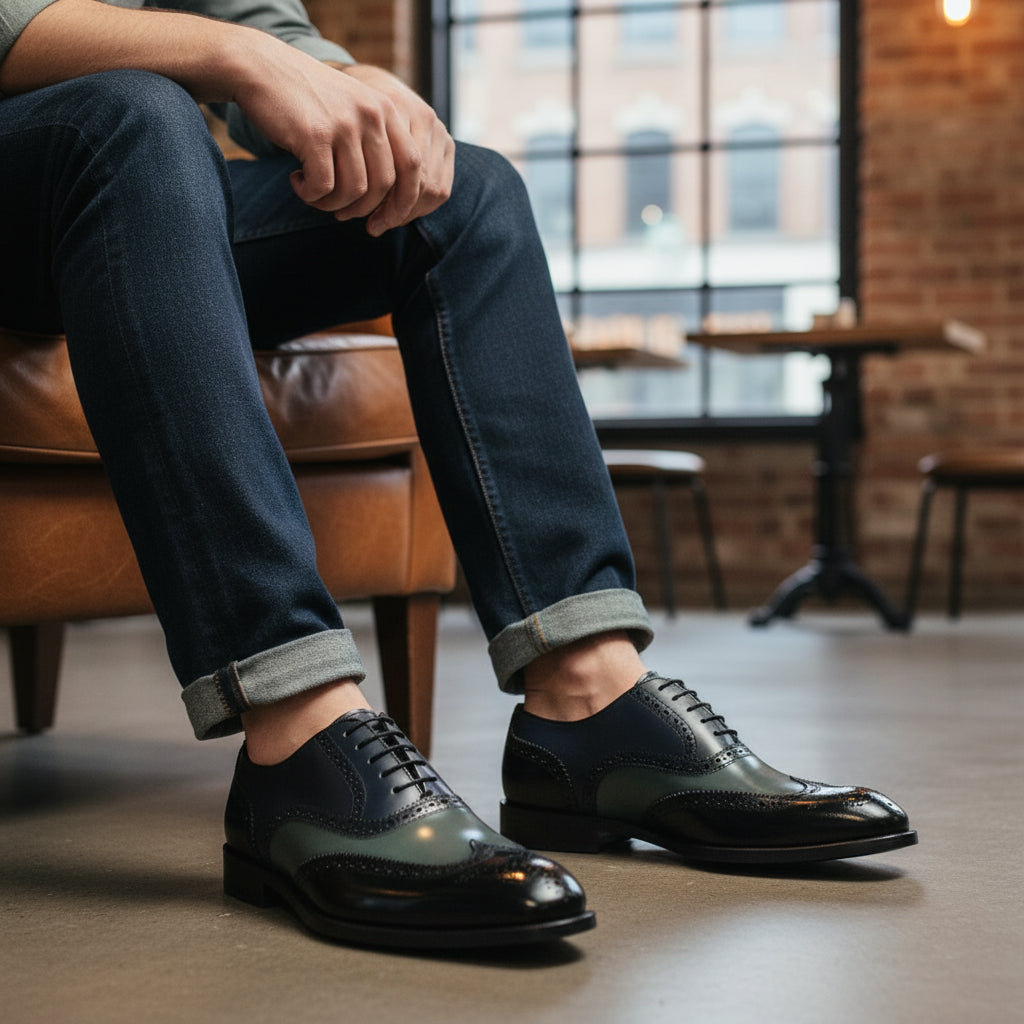 Men's Wing Tip Brogue Lace Up Leather Shoes - model-siting