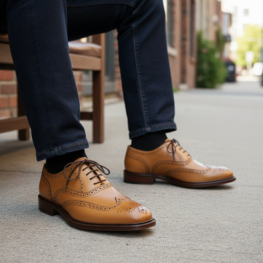 Men's Wingtip Brogue Leather Dress Shoes in Tan - model-siting