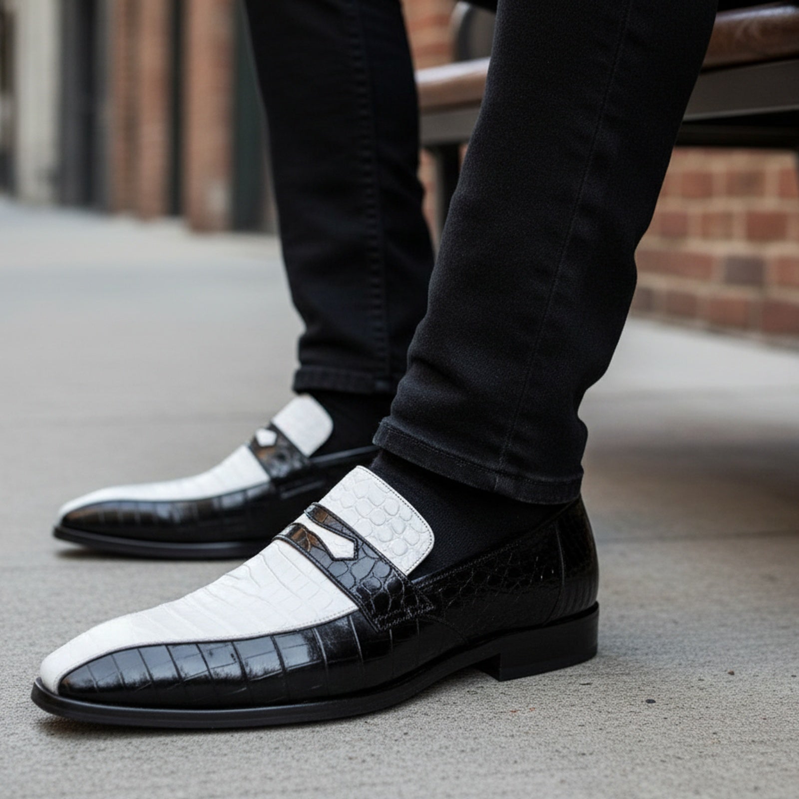 Spectator Shoes with Crocodile Skin Texture, Two Tone Design - model-siting