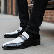 Spectator Shoes with Crocodile Skin Texture, Two Tone Design - model-siting