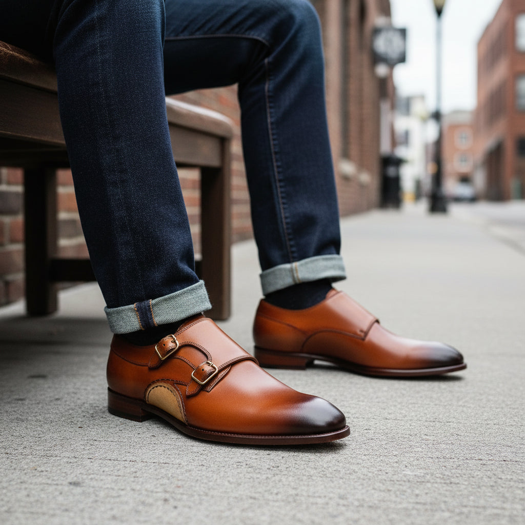 Tan Brown Monk Strap Leather Shoes with Buckle Closure - model-siting