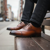 Tan Brown Oxford Dress Shoes for Men - model-siting