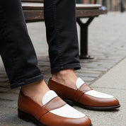 Two-Tone Leather Loafer Moccasins in Brown and White - model-siting