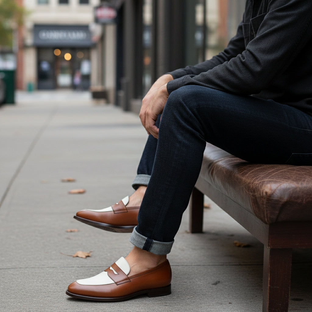 Two Tone Spectator Shoes Brown and White Leather Dress Oxford Shoes - model-siting