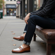 Two Tone Spectator Shoes Brown and White Leather Dress Oxford Shoes - model-siting