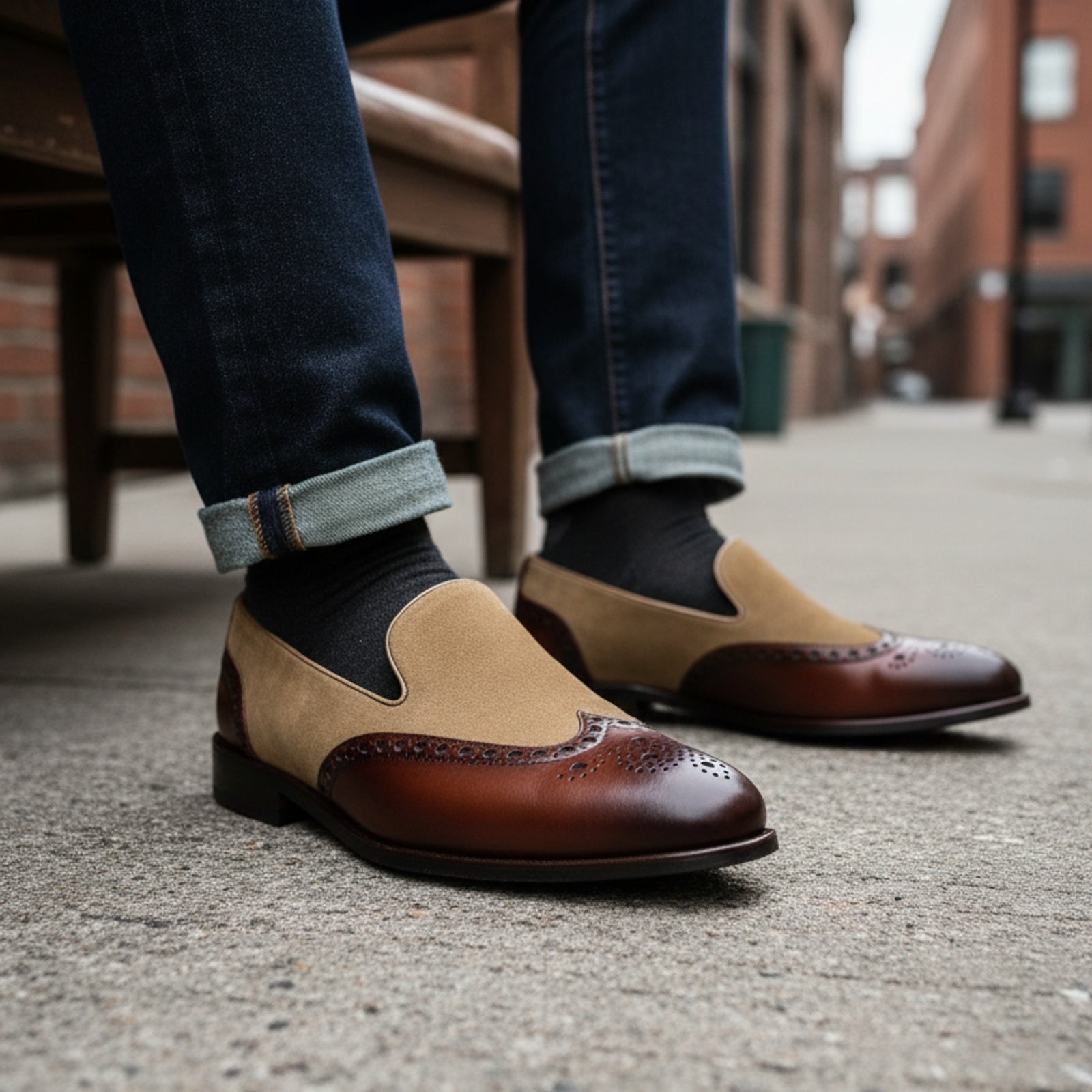 Two-tone Wingtip Brogue Moccasins in Suede and Leather - model-siting
