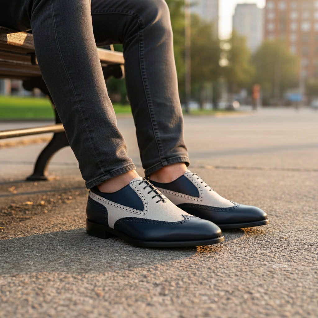Two-Tone Wingtip Leather Dress Shoes - model-siting