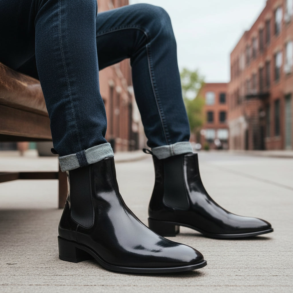 model-siting - Unisex Patent Leather High Ankle Boots