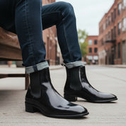model-siting - Unisex Patent Leather High Ankle Boots