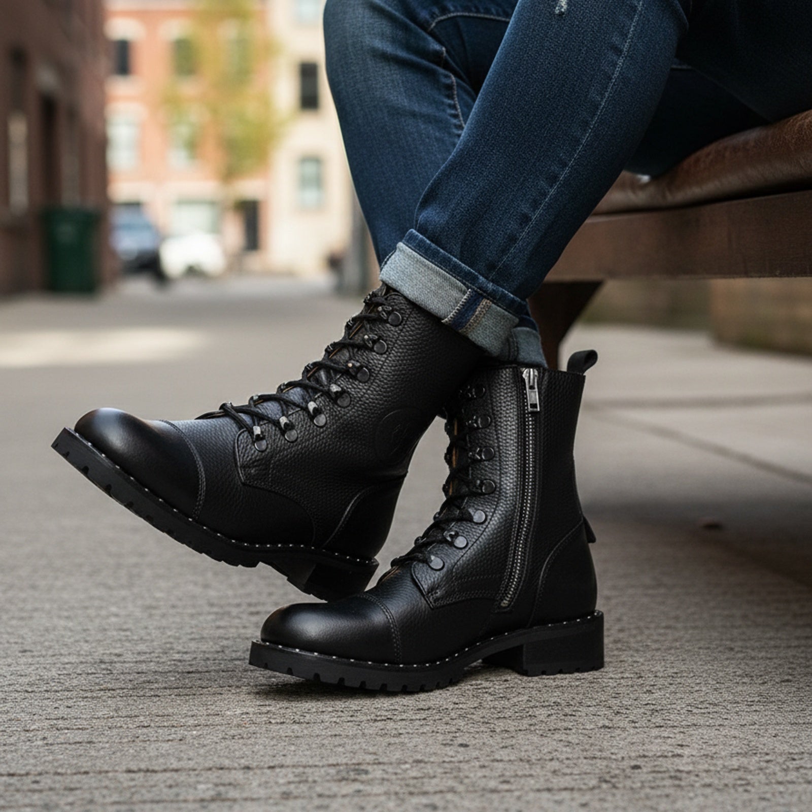 model-siting - Women's Handmade High Ankle Genuine Leather Biker Boots