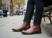 model-sitting - Antique Brown Leather Biker Boots