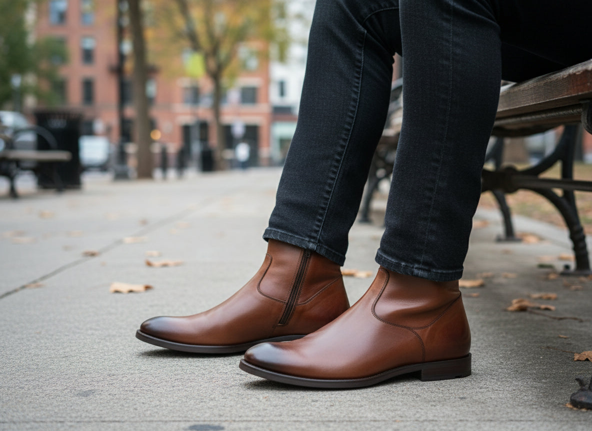 model-sitting - Antique Brown Leather Biker Boots