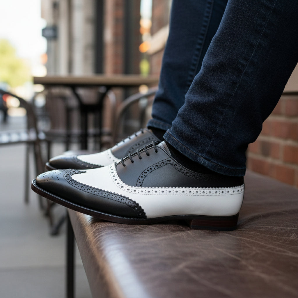 Black and White Leather Brogue Dress Shoes - model-sitting-bench