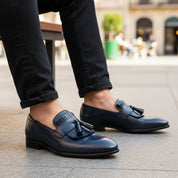 Blue Leather Moccasin Loafers with Fringes - model-sitting-bench