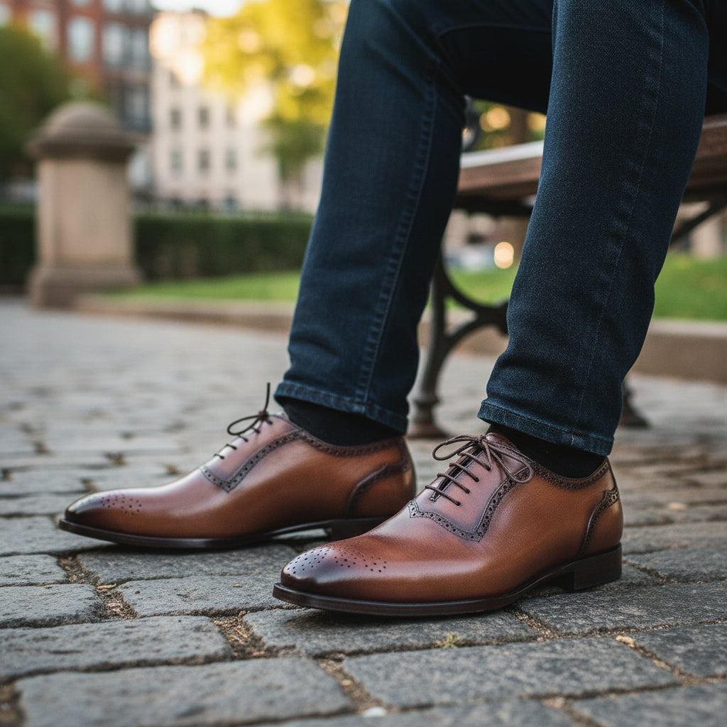 Brown Brogue Leather Formal Dress Shoes - model-sitting-bench