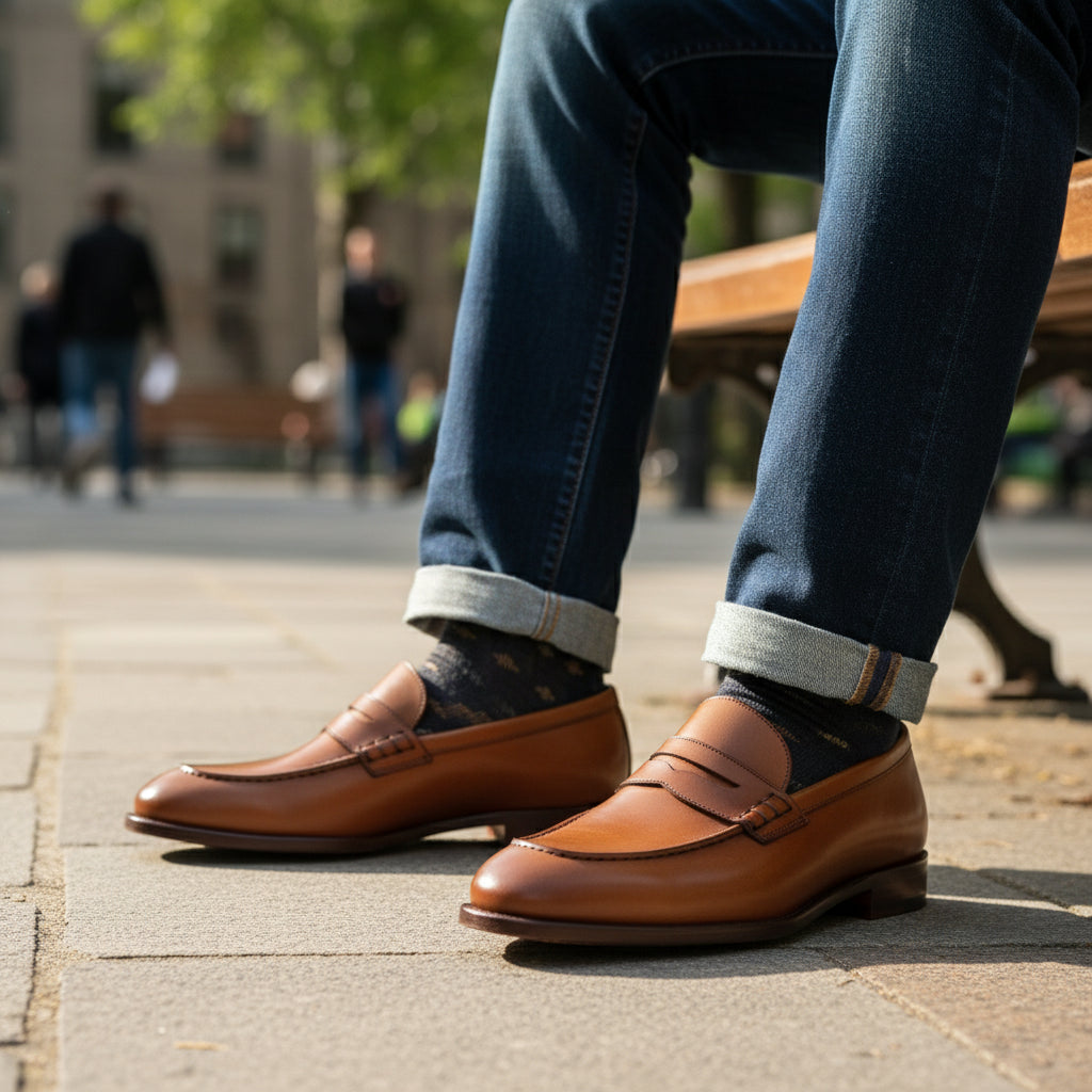 Brown Leather Moccasins Loafers - model-sitting-bench