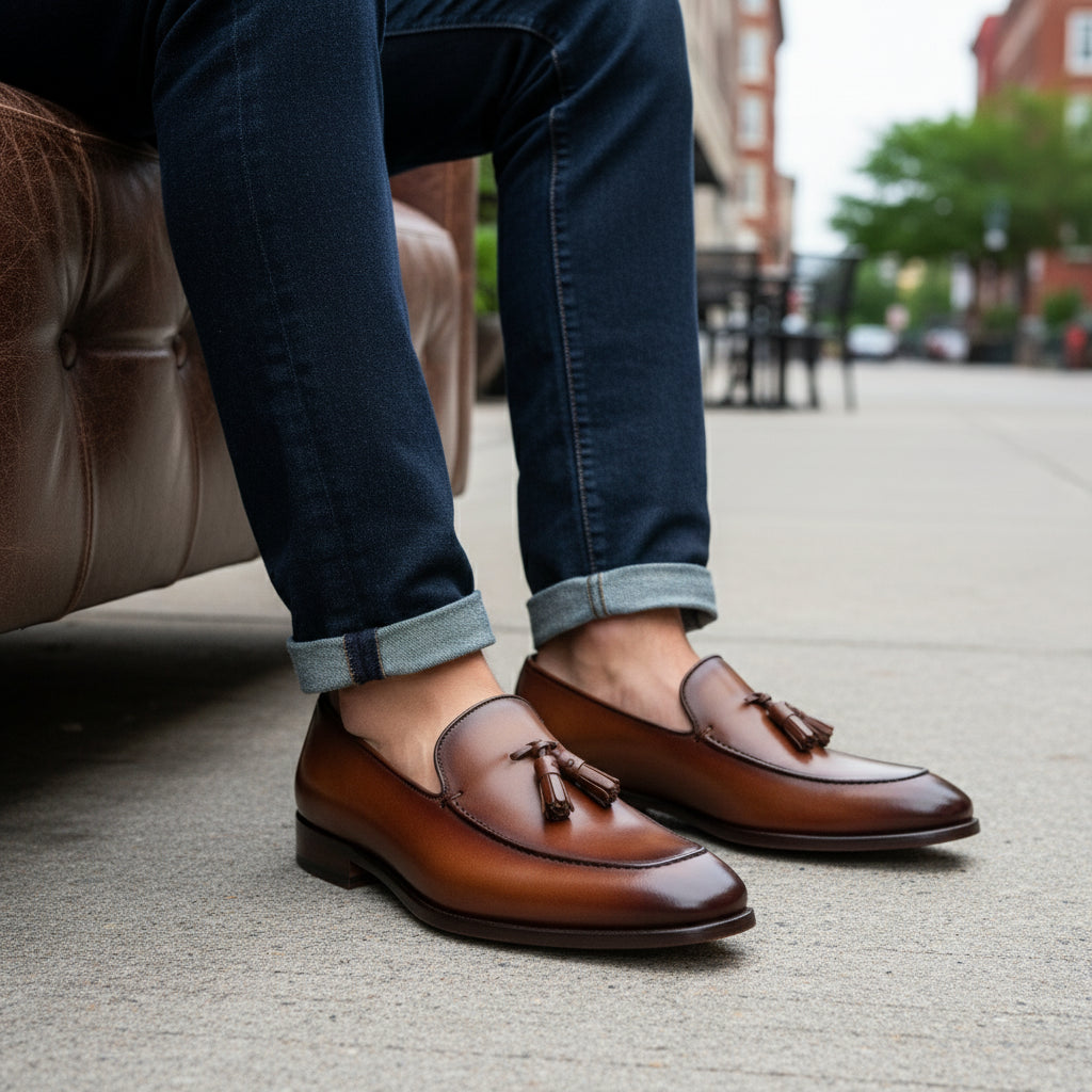 Brown Leather Tassel Moccasins Formal Dress Shoes - model-sitting-bench