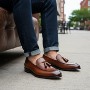 Brown Leather Tassel Moccasins Formal Dress Shoes - model-sitting-bench