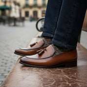 Brown Leather Tassel Moccasins Formal Dress Shoes - model-sitting-bench