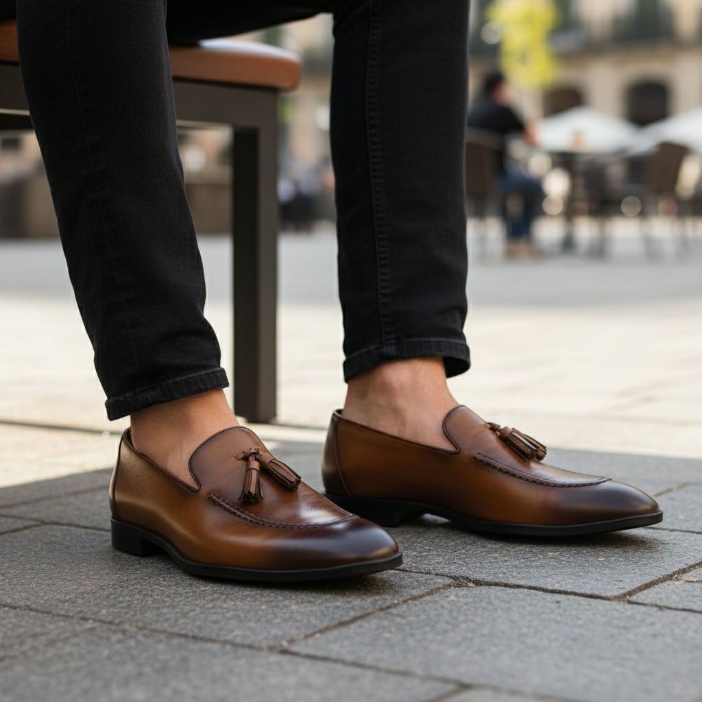 Brown Leather Tassels Moccasins - model-sitting-bench