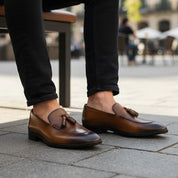 Brown Leather Tassels Moccasins - model-sitting-bench