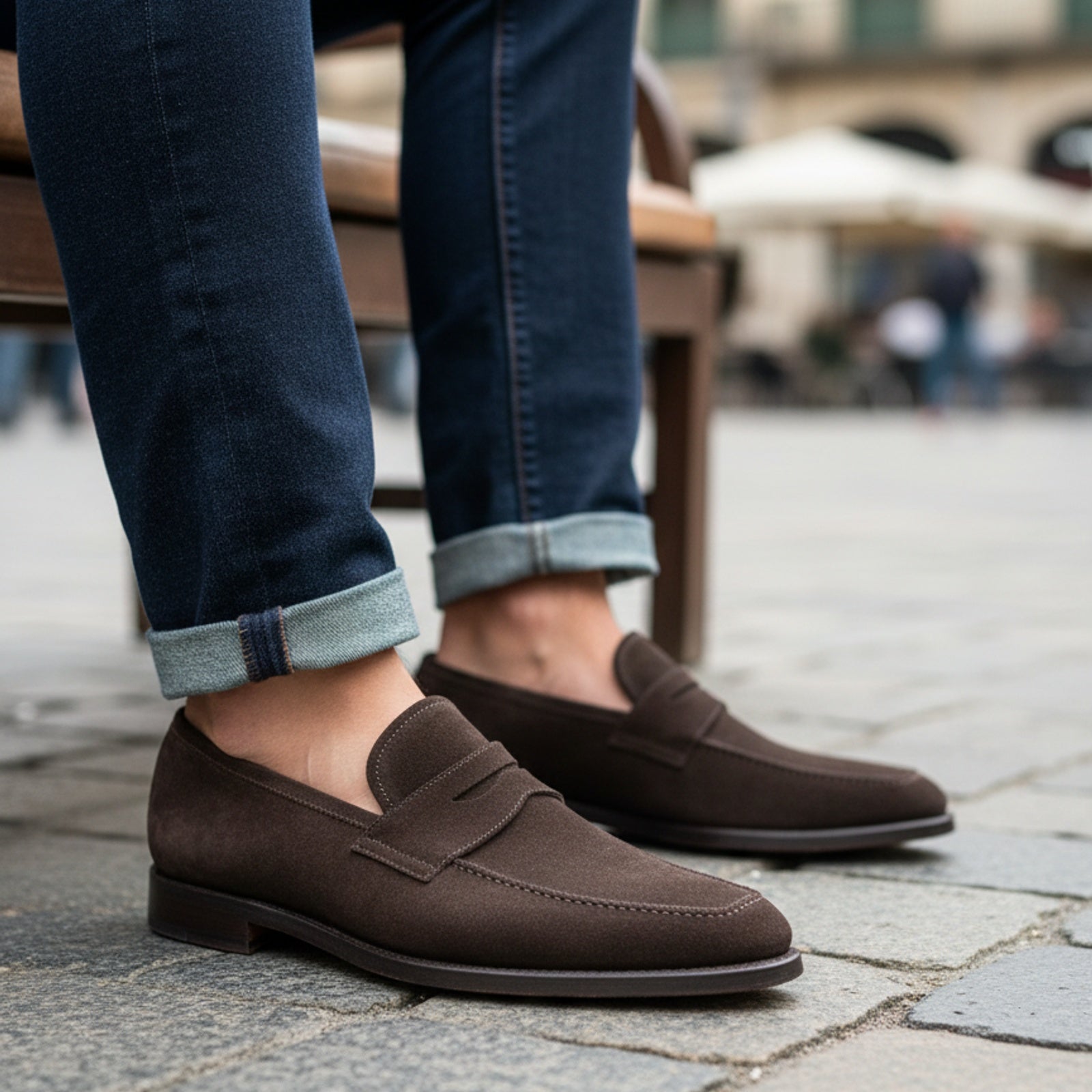 Brown Suede Leather Moccasins Loafer Slip Ons - model-sitting-bench