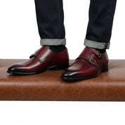 Burgundy Monk Leather Shoes - model-sitting-bench