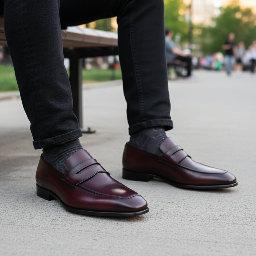 Dark Burgundy Leather Formal Shoes - model-sitting-bench