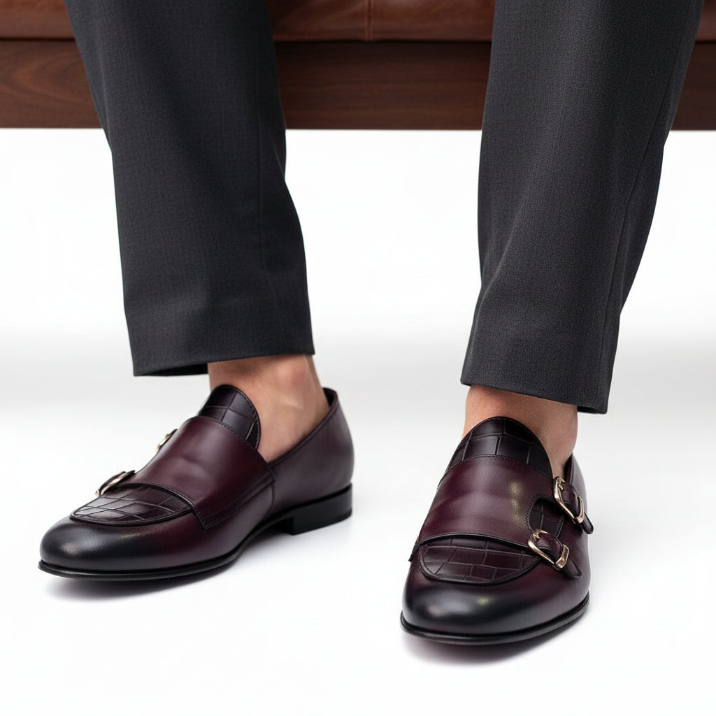Double Monk Leather Dress Shoes, Penny Loafer Style - model-sitting-bench