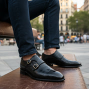Men's Black Crocodile Leather Double Monk Dress Shoes - model-sitting-bench
