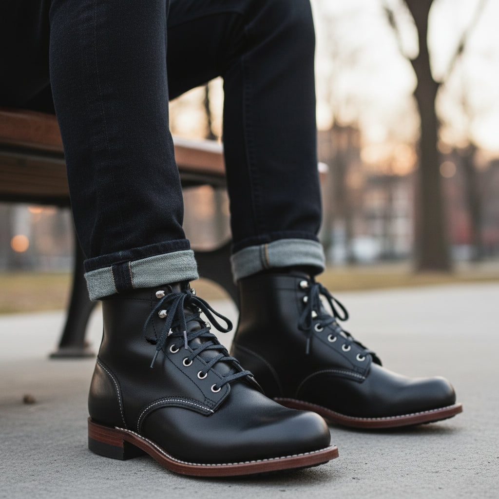 Men's Black Leather Ankle Boots with Lace-Up Design - model-sitting-bench