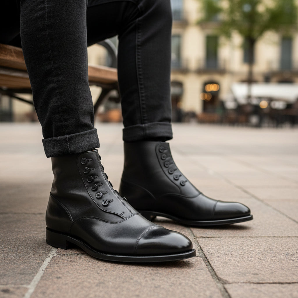 Men's Black Leather Button Boots - Ankle Design - model-sitting-bench