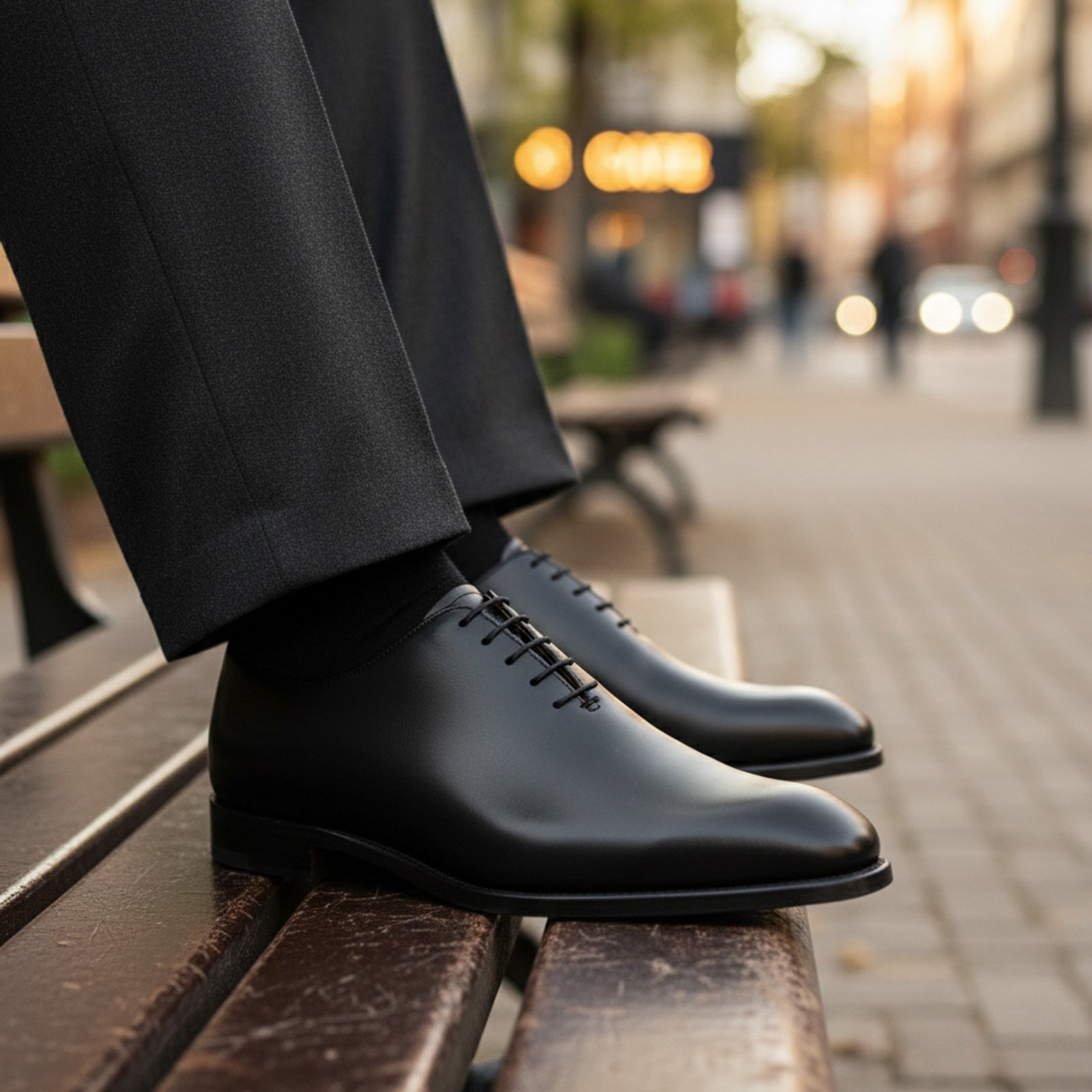 Men's Black Leather Oxford Dress Shoes - model-sitting-bench