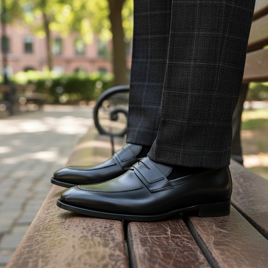 Men's Black Leather Tuxedo Shoes for Formal Events - model-sitting-bench