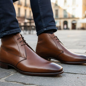 Men's Brown Leather Ankle Boots - Chukka Style - model-sitting-bench