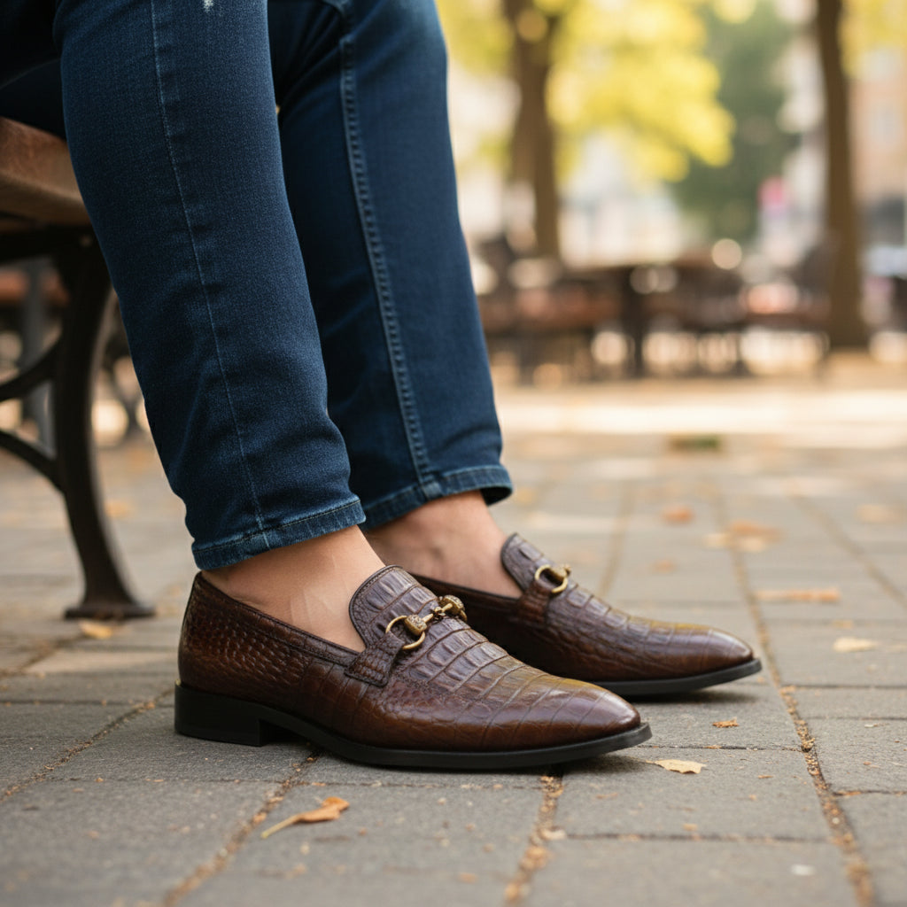 Brown Alligator Texture Moccasin Leather Shoes - model-sitting-bench