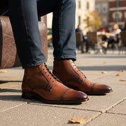 Men's Dark Brown Leather Dress Boots - model-sitting-bench