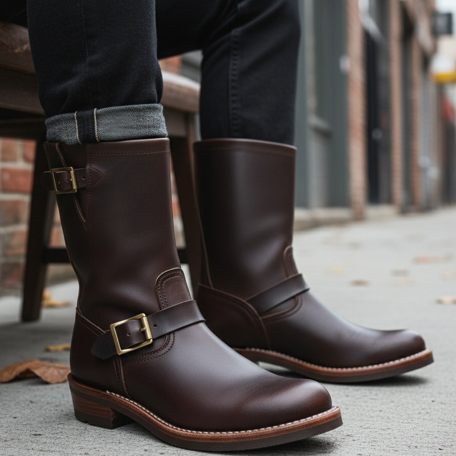 Men's Maroon Leather Work Boots - model-sitting-bench