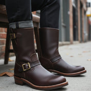 Men's Maroon Leather Work Boots - model-sitting-bench