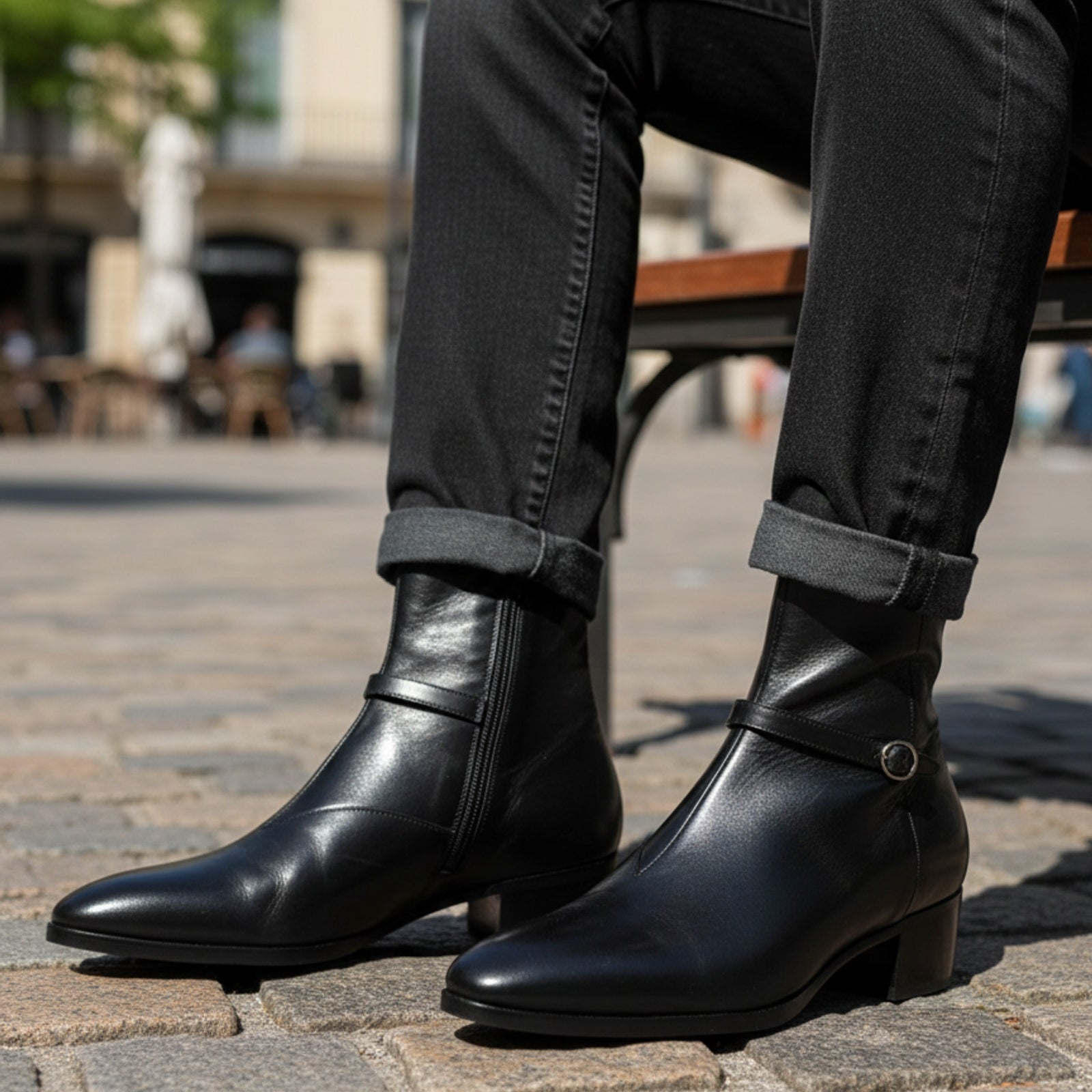 Men's Black Leather High-Heel Zipper Boots - model-sitting-bench